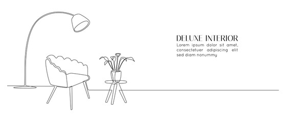 One continuous line drawing of armchair and floor lamp and vase with plant. Modern scandinavian and soft furniture chair for web banner in simple linear style. Doodle vector illustration