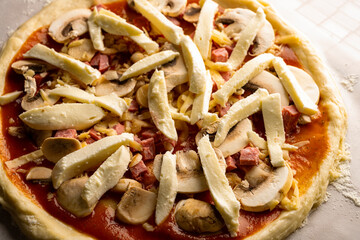 Fresh Italian pizza with mozzarella, tomatoes, and meat