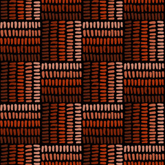 Abstract geometric seamless pattern. Embroidery imitation. Simple square woven ornament. Brick red gradient stitches on black background