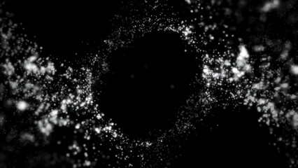 Obraz premium Abstract flying, monochrome small dots creating ring on black background. Beautiful, small shining particles formed in circle floating in the dark, black and white.