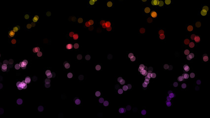 Glittering colorful circles, shiny particles shimmering on black background. Blur small dots blinking, seamless loop.