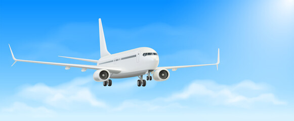 Passenger air vehicle transport airplane for intercontinental flights and travel. Landing aircraft with wings in the blue sunny sky with clouds. Realistic. Gradient mesh. Eps10 vector illustration.