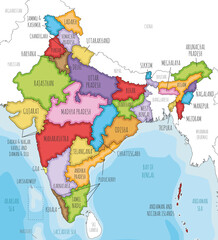 Vector illustrated map of India with states and territories and administrative divisions, and neighbouring countries. Editable and clearly labeled layers.