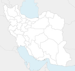 Vector blank map of Iran with provinces and administrative divisions, and neighbouring countries. Editable and clearly labeled layers.