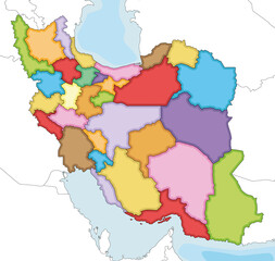 Vector illustrated blank map of Iran with provinces and administrative divisions, and neighbouring countries. Editable and clearly labeled layers.