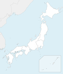 Vector blank map of Japan with regions and administrative divisions, and neighbouring countries. Editable and clearly labeled layers.