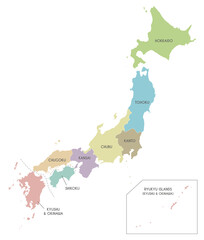 Vector map of Japan with regions and administrative divisions. Editable and clearly labeled layers.