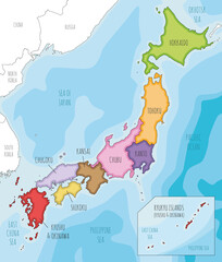 Vector illustrated map of Japan with regions and administrative divisions, and neighbouring countries. Editable and clearly labeled layers.