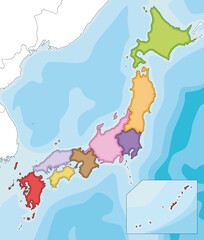 Vector illustrated blank map of Japan with regions and administrative divisions, and neighbouring countries. Editable and clearly labeled layers.