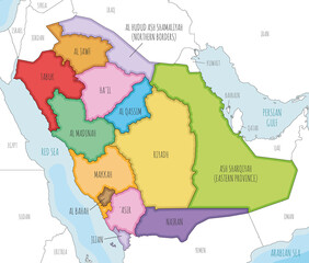 Vector illustrated map of Saudi Arabia with provinces and administrative divisions, and neighbouring countries. Editable and clearly labeled layers.