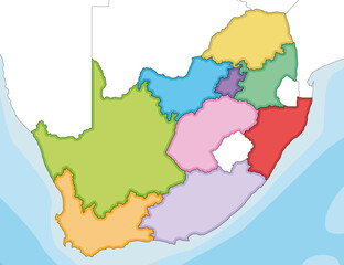 Vector illustrated blank map of South Africa with provinces and administrative divisions, and neighbouring countries. Editable and clearly labeled layers.