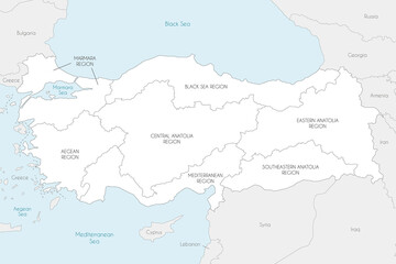 Vector map of Turkey with regions and geographical divisions, and neighbouring countries. Editable and clearly labeled layers.