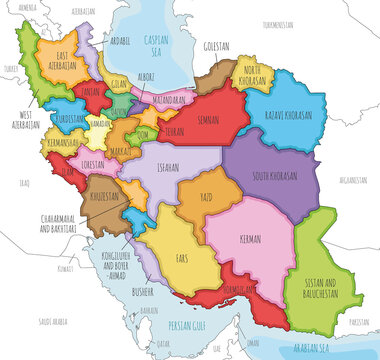 Vector illustrated map of Iran with provinces and administrative divisions, and neighbouring countries. Editable and clearly labeled layers.
