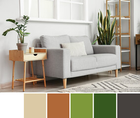 Interior of light living room with grey sofa, table and houseplants. Different color patterns