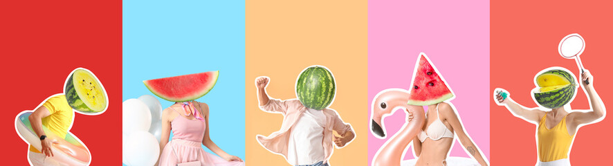 Group of people with ripe watermelon and cold cocktail instead of their heads on color background with space for text