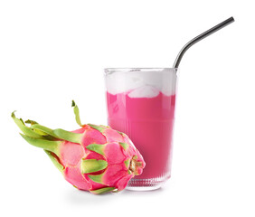 Glass of pink matcha tea isolated on white