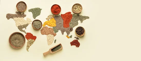 Fototapeten World map made of spices on light background with space for text © Pixel-Shot