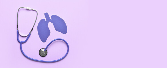 Paper lungs and stethoscope on lilac background with space for text