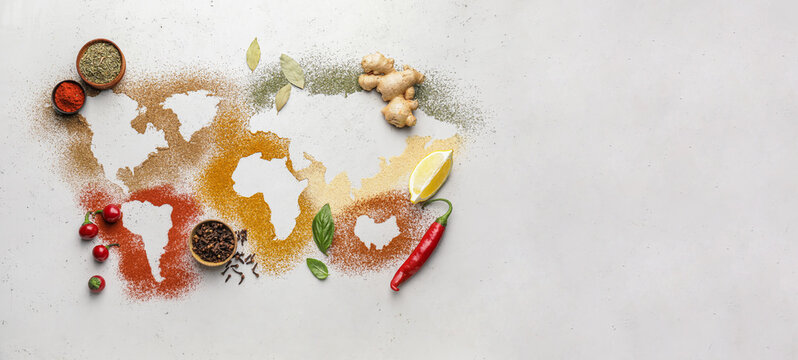 World map made of spices on light background with space for text