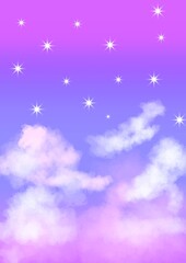 stars and clouds. Starry sky background in purple and pink tone with white and pink clouds. Beautiful night sky background.