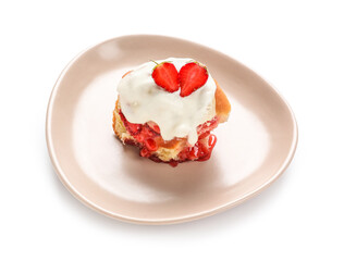 Plate with strawberry cinnamon roll and cream on white background