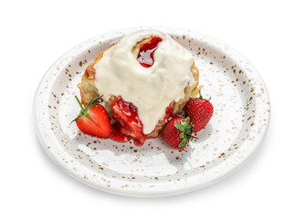Plate with strawberry cinnamon roll and cream on white background