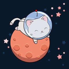 Kosmiczny kotek w kasku i skafandrze na Marsie. Kot astronauta leżący na czerwonej planecie. Zabawny i uroczy kot, zwierzę dla dzieci. Kotek w kosmosie. Ilustracja wektorowa. - obrazy, fototapety, plakaty