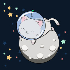 Kosmiczny kotek w kasku i skafandrze na księżycu. Kot astronauta leżący na srebrnej planecie. Zabawny i uroczy kot, zwierzę dla dzieci. Kotek w kosmosie. Ilustracja wektorowa.
