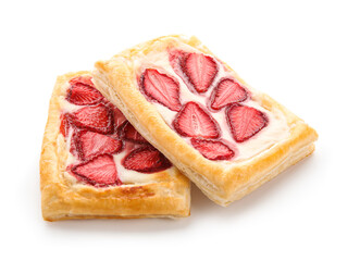 Strawberry puff pastries on white background