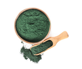 Wooden scoop and bowl with spirulina powder on white background