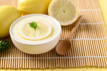 Lemon yogurt in bowl, Healthy eating and beauty skincare