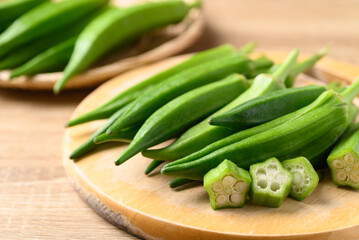 Green okra or ladies fingers (Edible green seed pods), Organic vegetables from local farmer market