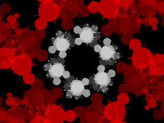 red paint splashes in round shape on black background