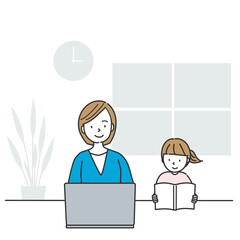 自宅でリモートワークをする母親と隣で本を読む女の子