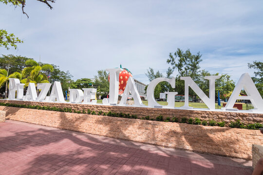 Jagna, Bohol, Philippines - May 2022: The Plaza de Jagna sign installed at the local park.