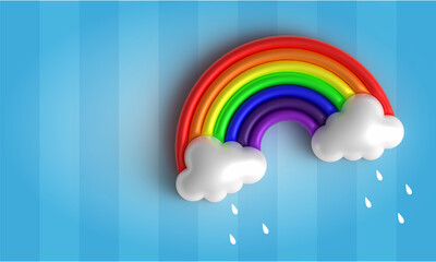 3d rainbow vector illustration with clouds and rain drop isolated sky blue blank background. Rainbow with all seven colors in order