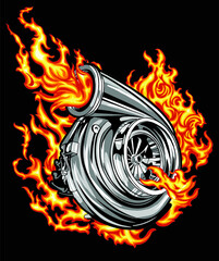 Turbo engine on black background for poster, t-shirt print, business element, social media content, blog, sticker, vlog, and card. vector illustration. - obrazy, fototapety, plakaty