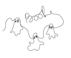 Continuous one line drawing of Halloween ghosts. Vector illustration