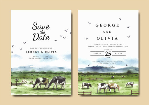 Watercolor wedding invitation of farm in savannah nature landscape 