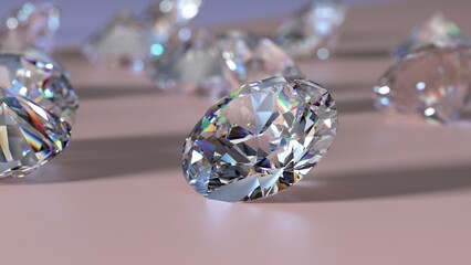 Shiny Diamonds on sky pink-purple surface background. Concept image of luxury living, expensive things and high added value. 3D CG. High resolution.