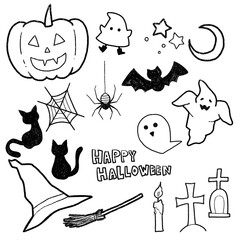 ハロウィンモチーフのイラストパーツセット（モノクロ線画）