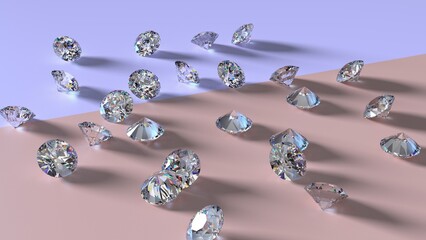 Shiny Diamonds on sky pink-purple surface background. Concept image of luxury living, expensive things and high added value. 3D CG. High resolution.
