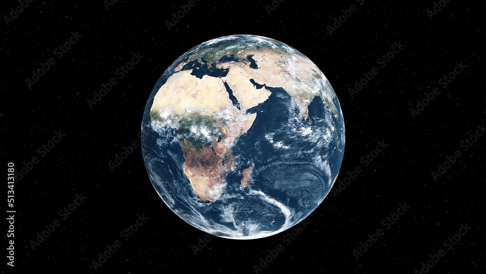 Wall mural planet earth with realistic geography surface and orbital 3d cloud atmosphere . outer space view of 