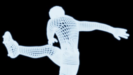 Fototapeta premium Abstract football player which consists of blue illuminated line on dark background. Concept 3D illustration of sports technology.