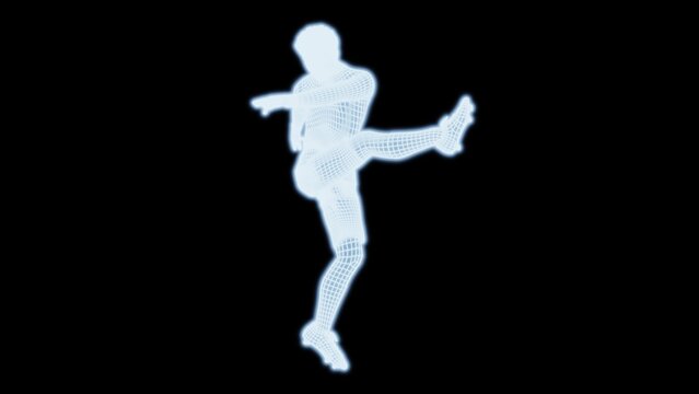 Abstract football player which consists of blue illuminated line on dark background. Concept 3D illustration of sports technology.