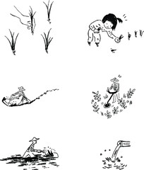 作草刈から田植え線画イラスト