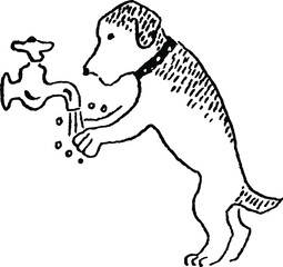 手を洗う犬のモノクロ線画イラスト