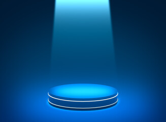 3d blue spotlight neon cylinder podium minimal studio dark background. Abstract 3d geometric shape object illustration render. Display for technology electronic product.