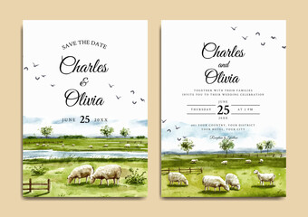 Watercolor wedding invitation of sheep farm in savannah nature landscape  © Yorda