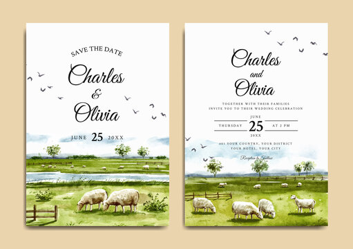 Watercolor wedding invitation of sheep farm in savannah nature landscape 